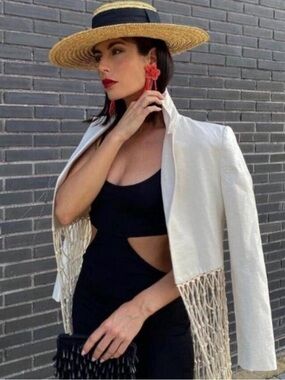 Black Cutout Bodycon Dress with Straw Hat and Fringe Jacket